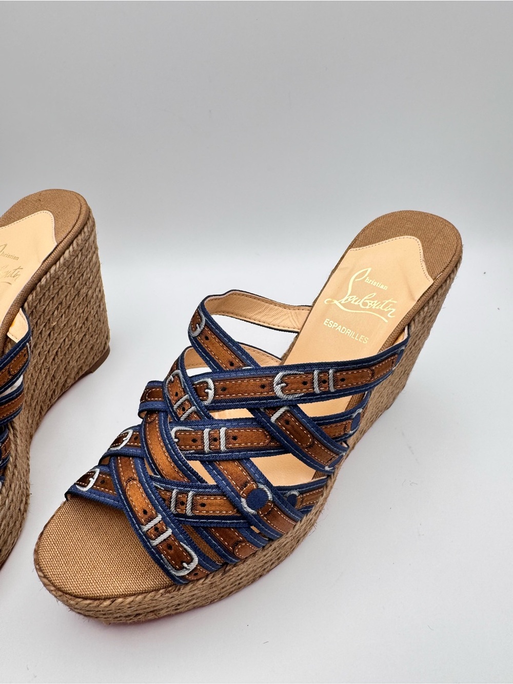 Christian Louboutin Crepon 100 Ribbon Buckle Espadrille Wedges Size 38